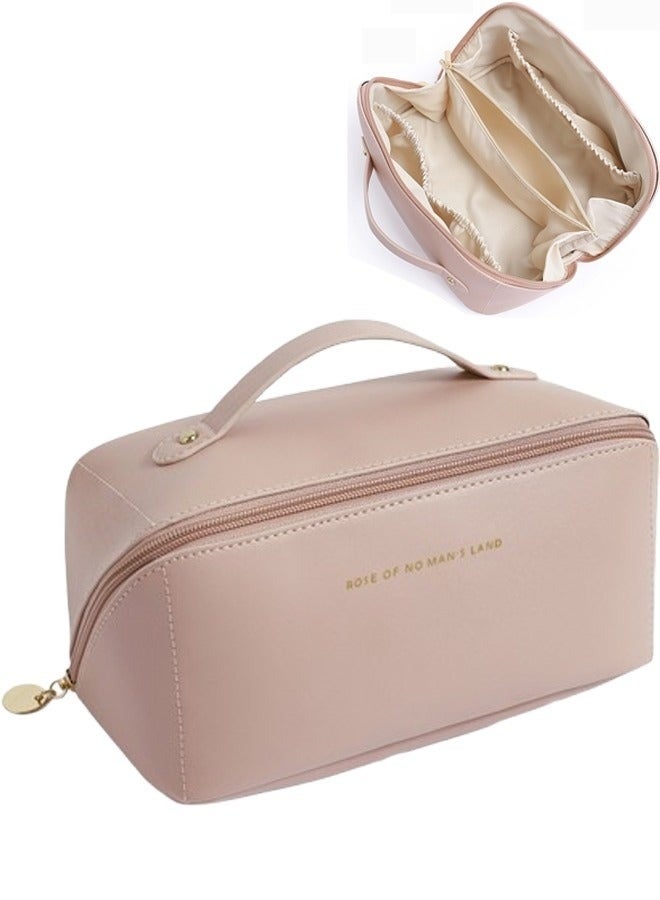 Travel Cosmetic Bag, Women's Large Capacity Cosmetic Bag, Waterproof Portable Bag Flat Cosmetic Bag, Makeup Storage Bag with Dividers and Handles (Pink) - Image 1