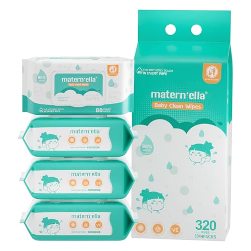 MATERN'ELLA Baby Wipes, Diaper Wipes for Sensitive Skin, Wet Wipes with 99% Water Based, Hypoallergenic, Safe and Gentle, 4 Flip-Top Packs (320 Wipes Total) - Image 1