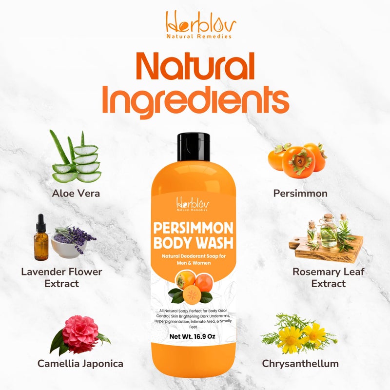 Herblov Persimmon Body Wash for Body Odor Control â€“ Purifying Deodorizing Soap for Eliminating Odor â€“ Underarms, Intimate Inner Thigh, Bikini Area, Smelly Feet â€“ Natural Deodorant Soap, Kids Safe - Image 5