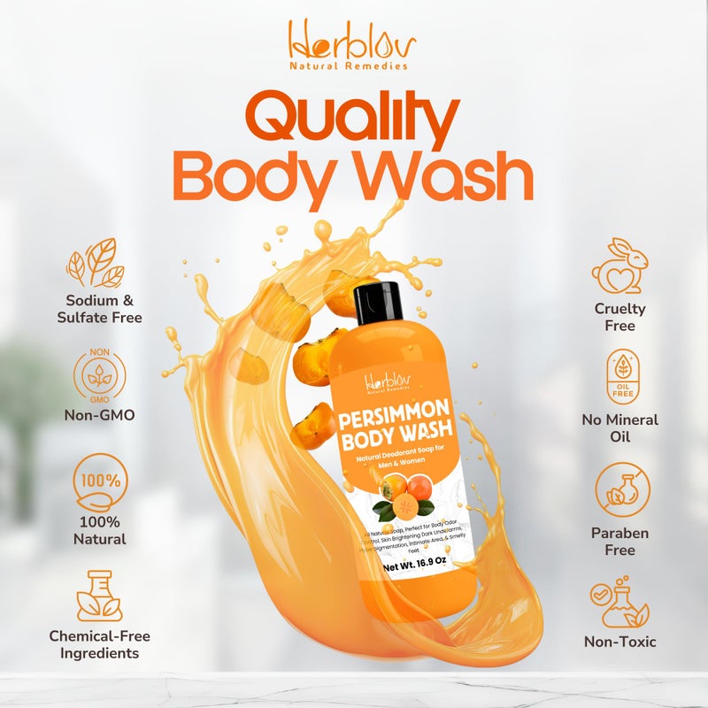 Herblov Persimmon Body Wash for Body Odor Control â€“ Purifying Deodorizing Soap for Eliminating Odor â€“ Underarms, Intimate Inner Thigh, Bikini Area, Smelly Feet â€“ Natural Deodorant Soap, Kids Safe - Image 4