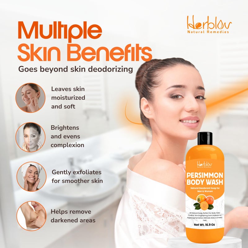 Herblov Persimmon Body Wash for Body Odor Control â€“ Purifying Deodorizing Soap for Eliminating Odor â€“ Underarms, Intimate Inner Thigh, Bikini Area, Smelly Feet â€“ Natural Deodorant Soap, Kids Safe - Image 3