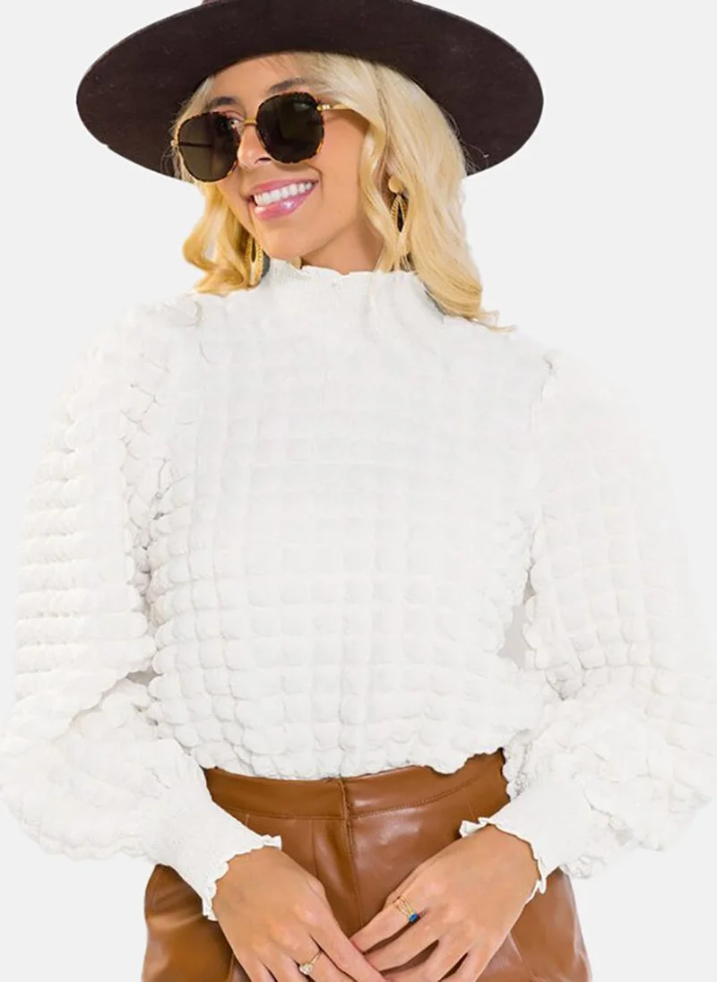 يونيكي White Textured Long Sleeve High Neck Tunics