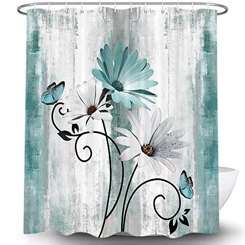 VeiVian Rustic Farmhouse Shower Curtain, Farm Teal Daisy Floral Flowers and Butterfly on Country Wooden Shower Curtain for Bathroom, Turquoise Blue with 12PCS Hooks, 70X70IN - Image 2