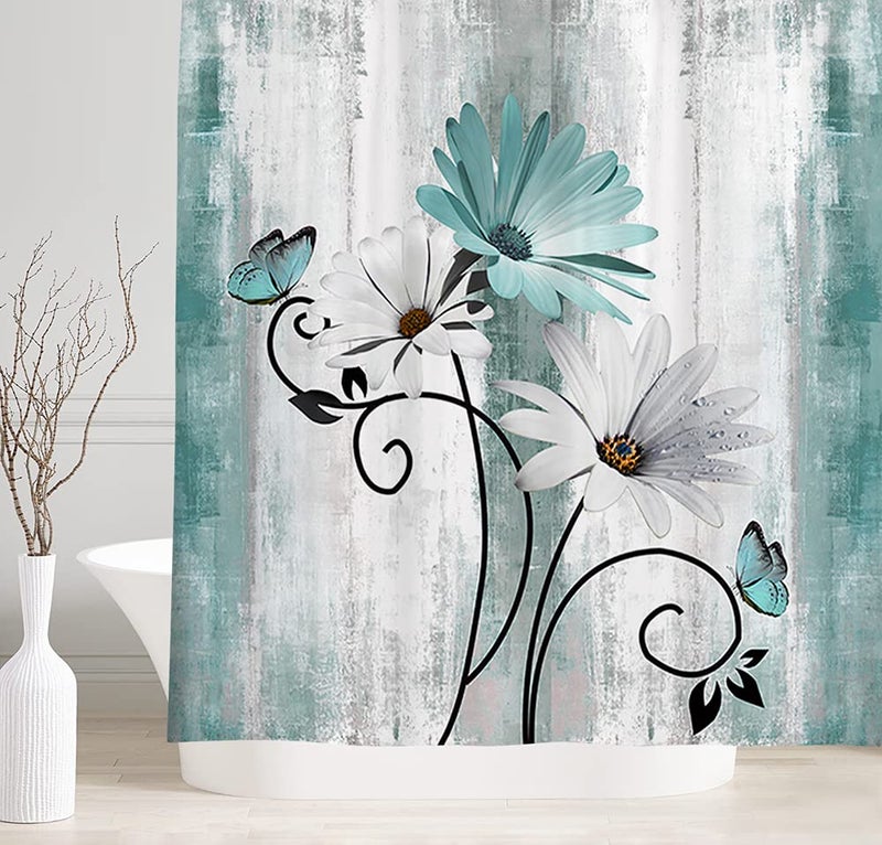 VeiVian Rustic Farmhouse Shower Curtain, Farm Teal Daisy Floral Flowers and Butterfly on Country Wooden Shower Curtain for Bathroom, Turquoise Blue with 12PCS Hooks, 70X70IN - Image 5