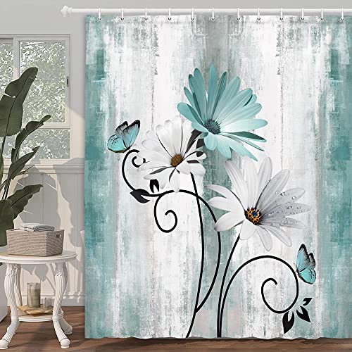 VeiVian Rustic Farmhouse Shower Curtain, Farm Teal Daisy Floral Flowers and Butterfly on Country Wooden Shower Curtain for Bathroom, Turquoise Blue with 12PCS Hooks, 70X70IN - Image 3