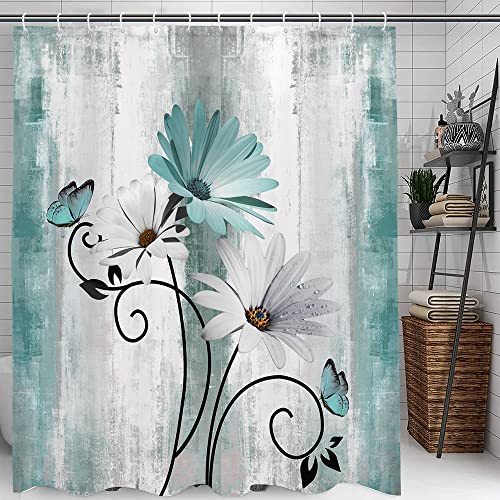 VeiVian Rustic Farmhouse Shower Curtain, Farm Teal Daisy Floral Flowers and Butterfly on Country Wooden Shower Curtain for Bathroom, Turquoise Blue with 12PCS Hooks, 70X70IN - Image 4