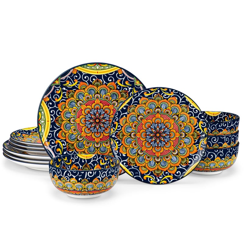 vancasso 12 Pieces Dinnerware Sets, Dark Green Plates and Bowls Set, Porcelain Dishes Set for 4, Microwave and Dishwasher Safe, Scratch Resistant, Bohemian Style Dining Ware Service for 4, Series SIMI - Image 1