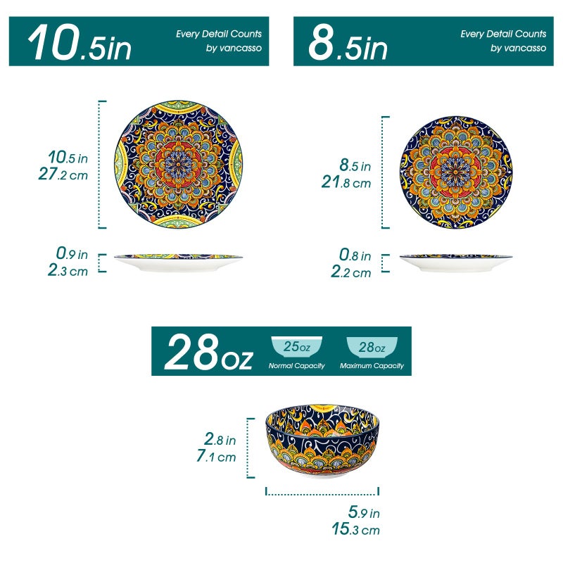 vancasso 12 Pieces Dinnerware Sets, Dark Green Plates and Bowls Set, Porcelain Dishes Set for 4, Microwave and Dishwasher Safe, Scratch Resistant, Bohemian Style Dining Ware Service for 4, Series SIMI - Image 2