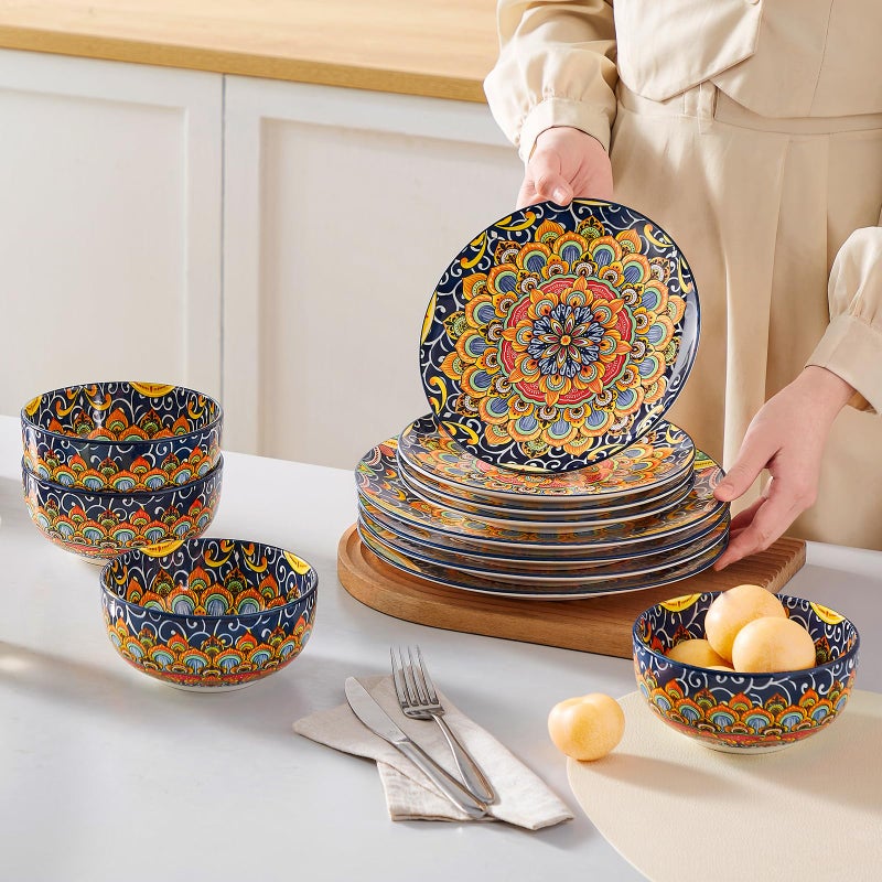 vancasso 12 Pieces Dinnerware Sets, Dark Green Plates and Bowls Set, Porcelain Dishes Set for 4, Microwave and Dishwasher Safe, Scratch Resistant, Bohemian Style Dining Ware Service for 4, Series SIMI - Image 5