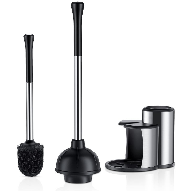 HAMITOR Toilet Plunger and Bowl Brush Set: 2 in 1 Stainless Steel Heavy Duty Toilet Cleaner Plunger with Holder Combo for Bathroom Cleaning - Modern Hideaway Bathroom Accessories with Caddy Stand - Image 1