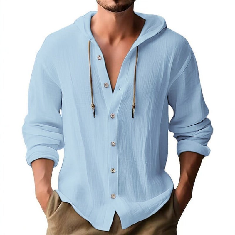 Men's Hooded Linen Cardigan Solid Color Casual Loose V-Neck Drawstring - Image 2