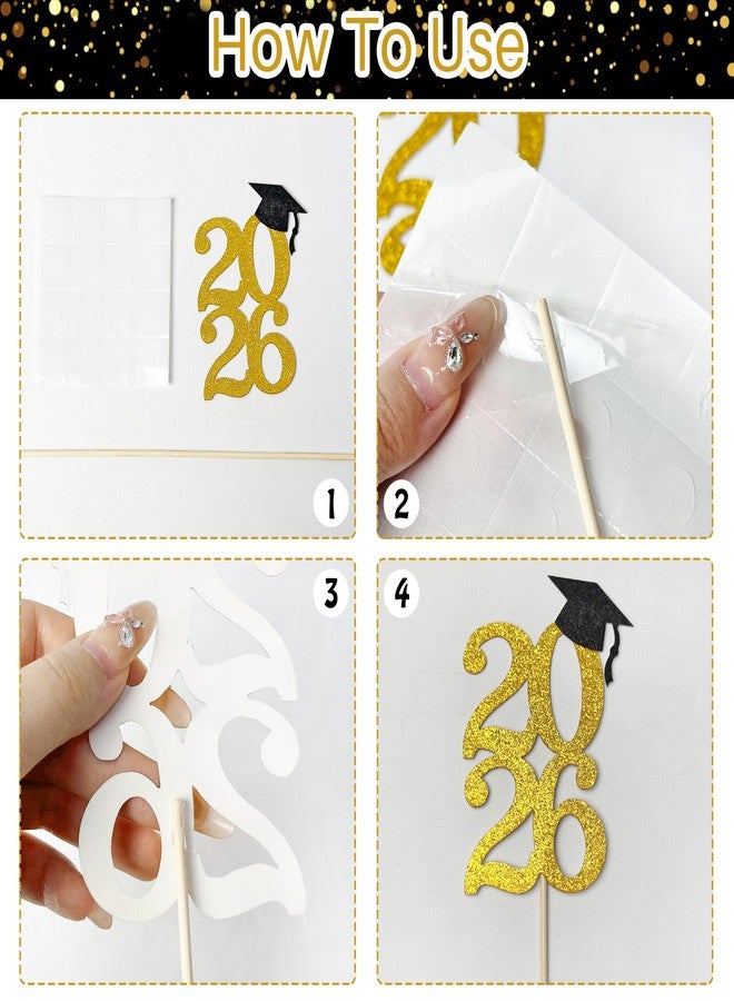 UNIIDECO 2026 Graduation Decorations, 16PCS Black and Gold Graduation Table Centerpieces Sticks Table Toppers for Class of 2026 Party Bouquet Cake Topper Photo Props - Image 3