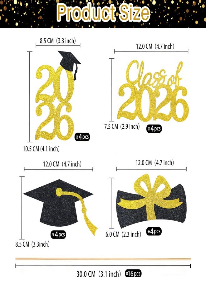 UNIIDECO 2026 Graduation Decorations, 16PCS Black and Gold Graduation Table Centerpieces Sticks Table Toppers for Class of 2026 Party Bouquet Cake Topper Photo Props - Image 2