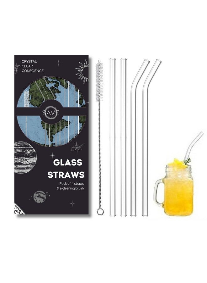 Save SAVE Reusable Glass Straw Set | 4 Straws & 1 Cleaning Brush | Ecofriendly Multiuse Drinking Straws | Cute Straws for Cocktails, Mocktails, Shakes & More Drinks (Combo, Crystal White) - Image 1