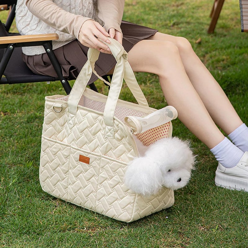 KASTWAVE Repeated use trusted quality Dog Carrier for Small Dogs Rabbit cat, Cotton Bag, Portable Breathable Soft Sided Pet Bag with Mesh Ventilation, Safety Leash, Pockets, Airline Approved Travel Carrier(Creamy White, 16x7x12in) Freeze crack proof - Image 3