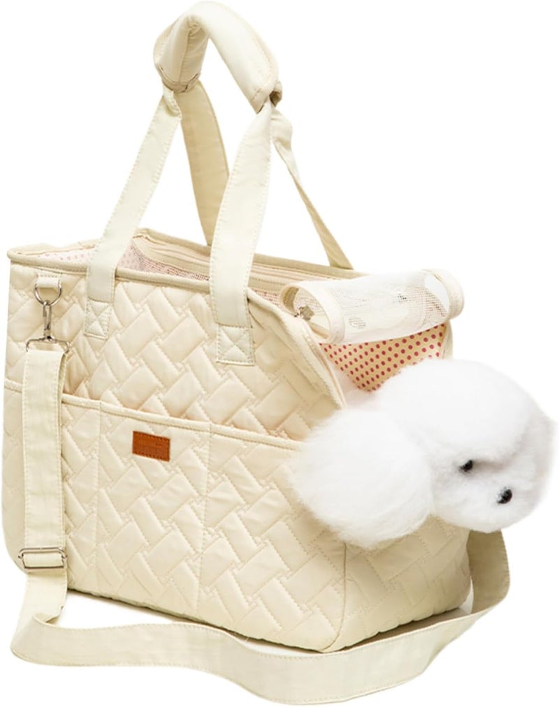 KASTWAVE Repeated use trusted quality Dog Carrier for Small Dogs Rabbit cat, Cotton Bag, Portable Breathable Soft Sided Pet Bag with Mesh Ventilation, Safety Leash, Pockets, Airline Approved Travel Carrier(Creamy White, 16x7x12in) Freeze crack proof - Image 1