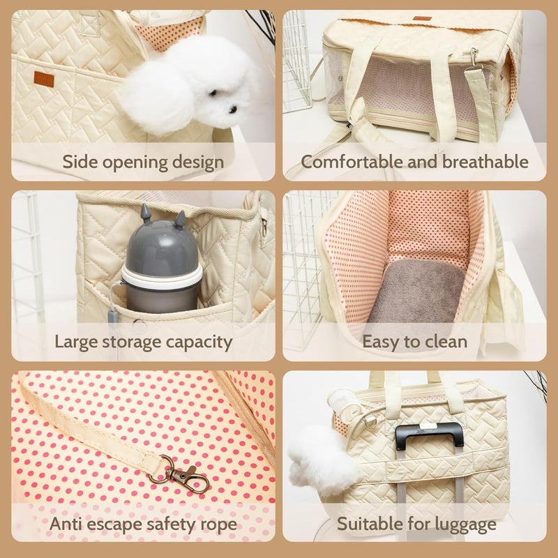 KASTWAVE Repeated use trusted quality Dog Carrier for Small Dogs Rabbit cat, Cotton Bag, Portable Breathable Soft Sided Pet Bag with Mesh Ventilation, Safety Leash, Pockets, Airline Approved Travel Carrier(Creamy White, 16x7x12in) Freeze crack proof - Image 4