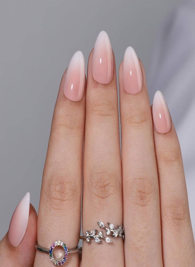 Hrnsnails Almond Shaped Press On Nails, Ombre Press On Nails, Glue On Nails Medium Length Fake Nails with White Ombre Designs, Nails Press Ons Gel False Nails,Artificial Nails Stick On Nails for Women - Image 2