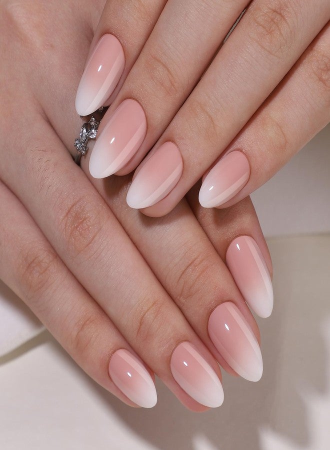 Hrnsnails Almond Shaped Press On Nails, Ombre Press On Nails, Glue On Nails Medium Length Fake Nails with White Ombre Designs, Nails Press Ons Gel False Nails,Artificial Nails Stick On Nails for Women - Image 1