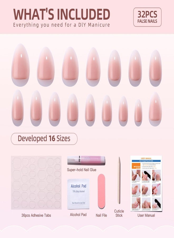 Hrnsnails Almond Shaped Press On Nails, Ombre Press On Nails, Glue On Nails Medium Length Fake Nails with White Ombre Designs, Nails Press Ons Gel False Nails,Artificial Nails Stick On Nails for Women - Image 5