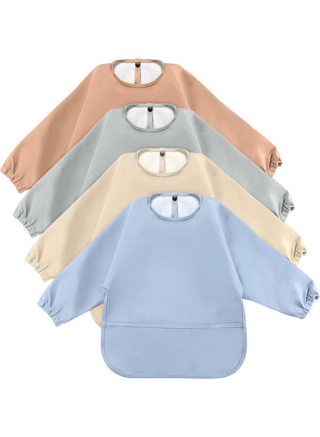JaGely 4 Pack Long Sleeve Baby Bibs Waterproof Long Sleeved Bib Baby Eating Smock Bib Feeding Shirt Bib With Food Catcher(Soft Color) - Image 1