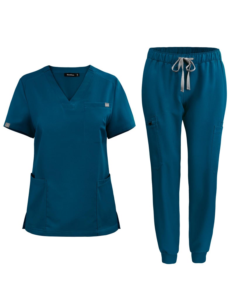 niaahinn Scrub for Women Scrubs Top with Classic VNeck Yoga Jogger Pants Medical Nursing Uniform Scrub Set Caribbean Blue S