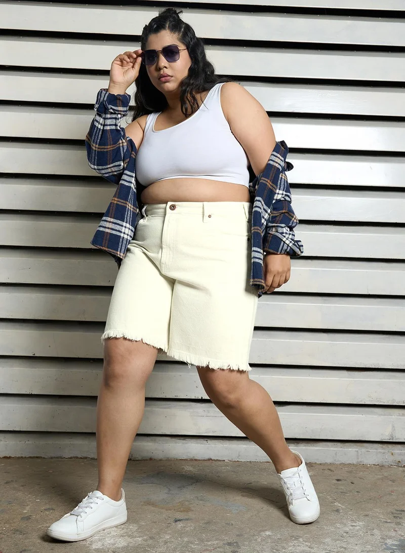 هاي ستار Women's White 100% Cotton Bleached Cropped Length Cargo Relaxed Shorts