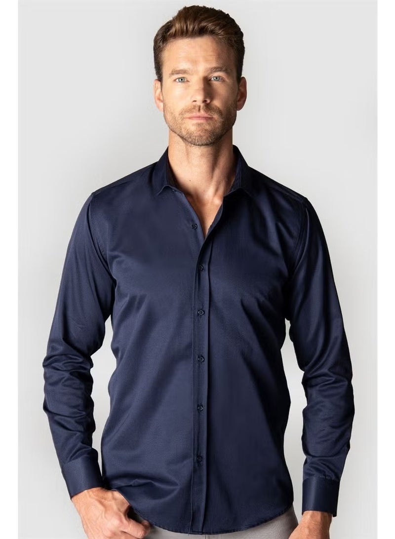 Tudors Modern Slim Fit Long Sleeve Plain Satin Cotton Men's Navy Blue Shirt - Image 3