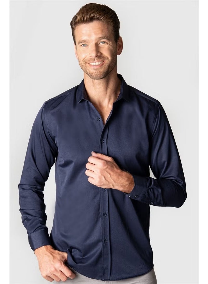 Tudors Modern Slim Fit Long Sleeve Plain Satin Cotton Men's Navy Blue Shirt - Image 1