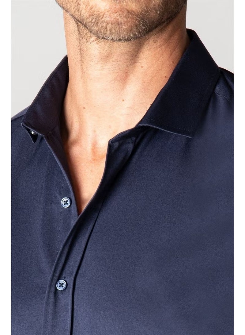 Tudors Modern Slim Fit Long Sleeve Plain Satin Cotton Men's Navy Blue Shirt - Image 4