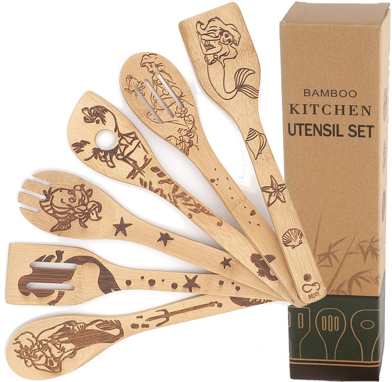 Bejky 6-Pcs Wooden Bamboo Spoons Set - Organic Food Cooking Utensils - Kitchen Accessories and Home Decor - Cookware Gifts for Women - Easy Wash Spatulas - 3D Engraved Patterns (Lady From the Sea) - Image 1