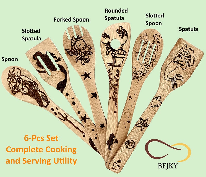 Bejky 6-Pcs Wooden Bamboo Spoons Set - Organic Food Cooking Utensils - Kitchen Accessories and Home Decor - Cookware Gifts for Women - Easy Wash Spatulas - 3D Engraved Patterns (Lady From the Sea) - Image 4