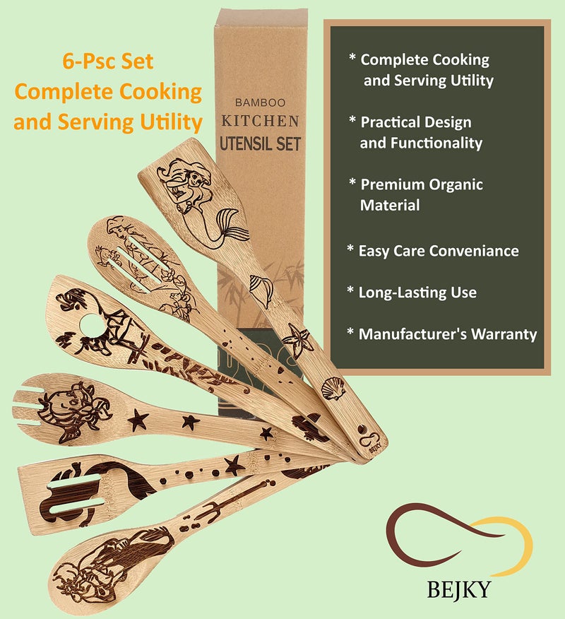 Bejky 6-Pcs Wooden Bamboo Spoons Set - Organic Food Cooking Utensils - Kitchen Accessories and Home Decor - Cookware Gifts for Women - Easy Wash Spatulas - 3D Engraved Patterns (Lady From the Sea) - Image 2