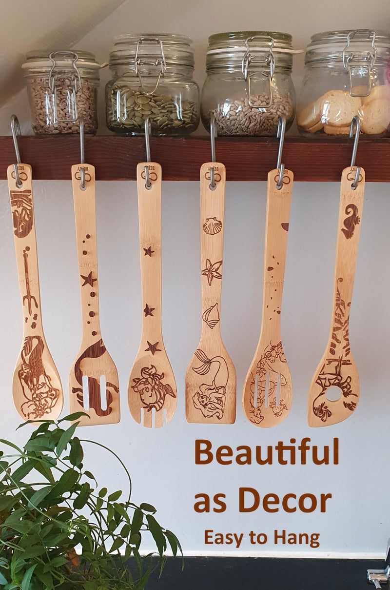 Bejky 6-Pcs Wooden Bamboo Spoons Set - Organic Food Cooking Utensils - Kitchen Accessories and Home Decor - Cookware Gifts for Women - Easy Wash Spatulas - 3D Engraved Patterns (Lady From the Sea) - Image 5