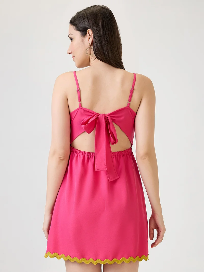 globus Women Pink Square Neck Strappy Sleeves Stylized Tie Back Detail Scalloped Hem Fit & Flare Mini Party Dress