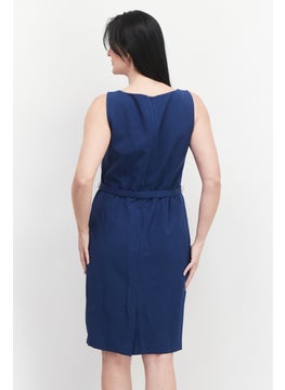 Nipon Boutique Women 2 Pcs Solid Belted Suit Dress Set, Navy  - Image 3