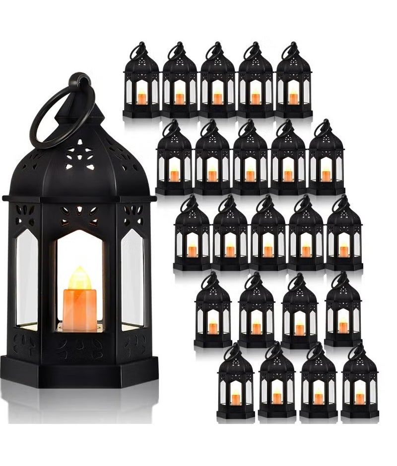 مجموعة من 24 فانوس LED بتصميم كلاسيكي (لون أسود) - مثالي كقطعة مركزية لتزيين حفلات الزفاف والمناسبات، مزود بشمعة ذات ضوء وامض وتعمل بالبطارية؛ مناسب للتعليق أو كديكور للطاولات في حفلات الزفاف والمهرجانات واحتفالات رمضان وعيد الميلاد.
