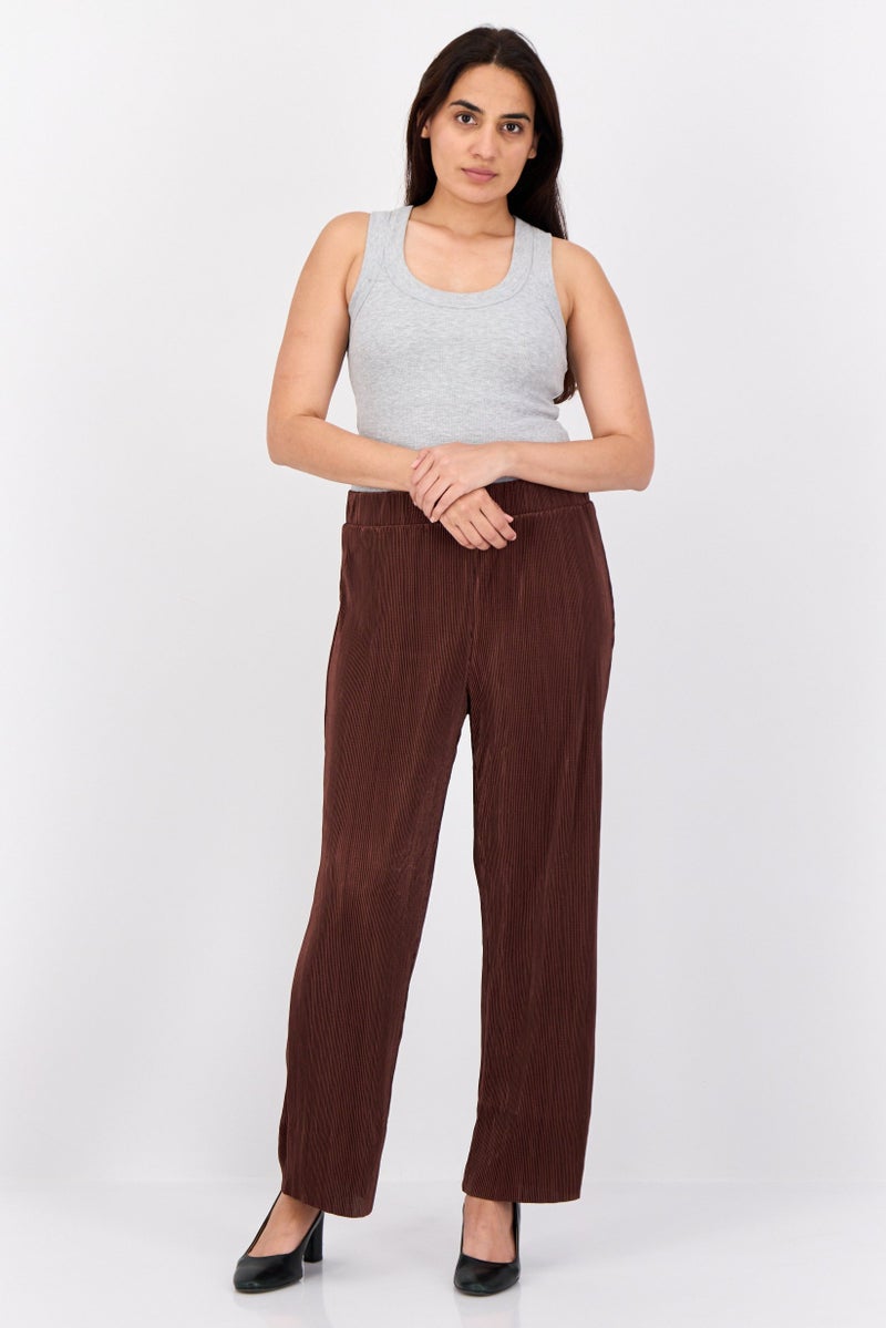 Cyrus Women Regular Fit Mini Pleated Straight Leg Pants, Brown  - Image 4
