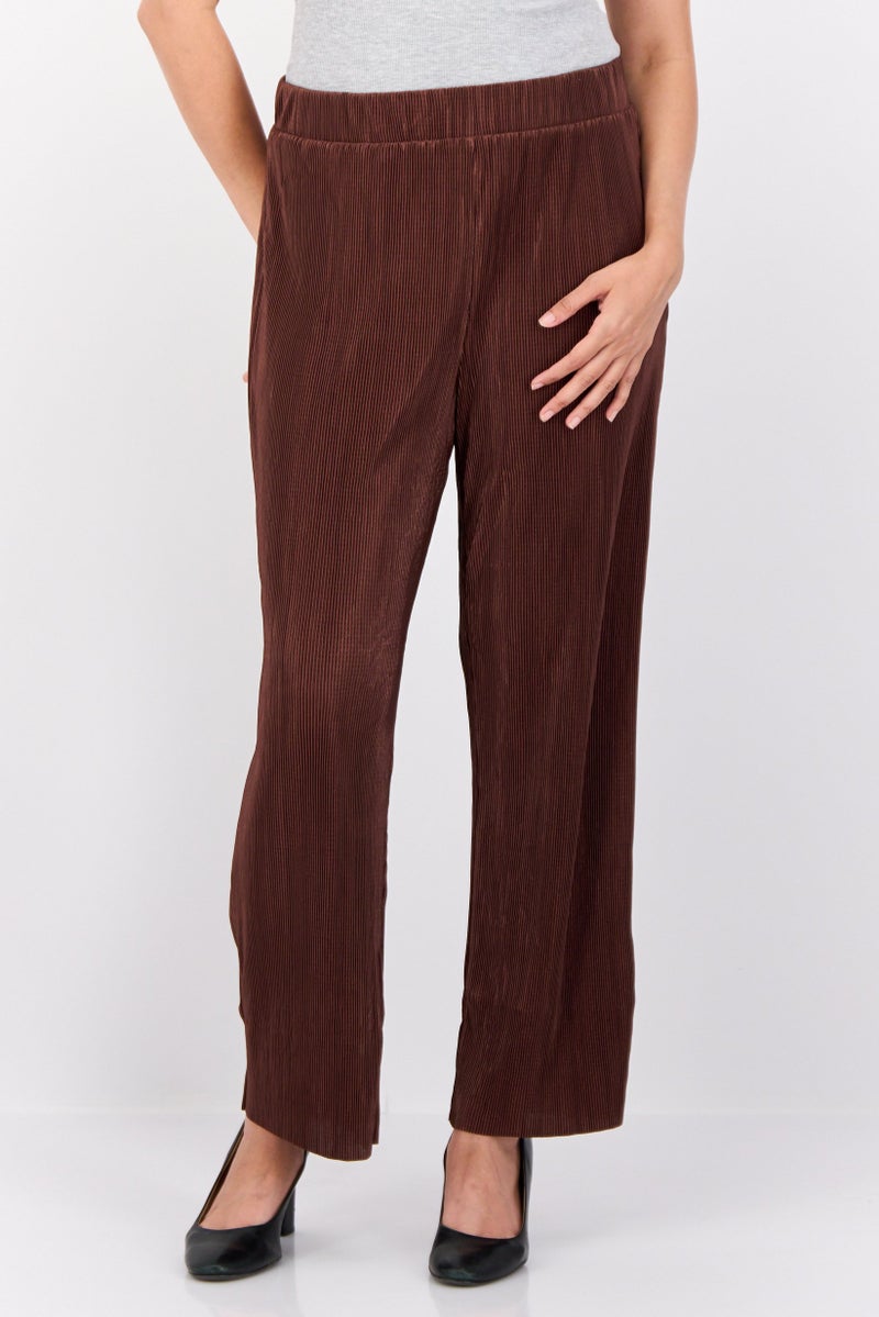 Cyrus Women Regular Fit Mini Pleated Straight Leg Pants, Brown  - Image 1