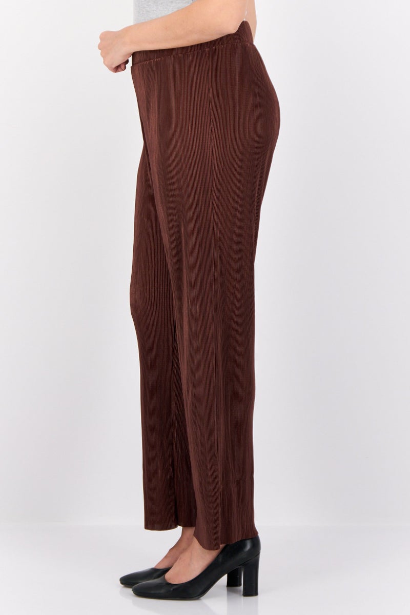 Cyrus Women Regular Fit Mini Pleated Straight Leg Pants, Brown - Image 2