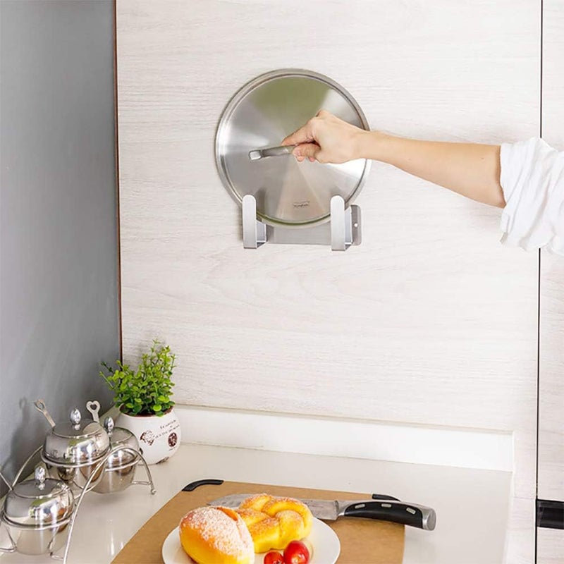 YOUGRIDDA Pot Lid Rack, Wall Mounted 304 Stainless Steel Pan Lid Organizer Holder, Self Adhesive, Kitchen Cooking Utensil Tool (Silver) - Image 2