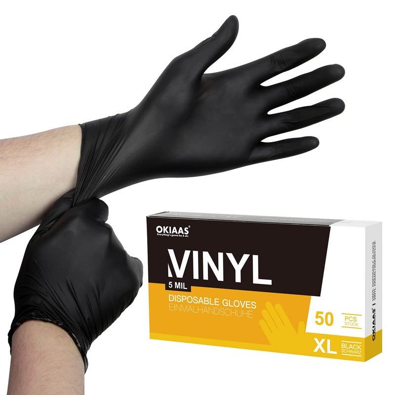 Okiaas Black Disposable Gloves Xl  Vinyl Gloves Disposable Latex Free  5 Mil  50 Count  For Food Prep  Household Cleaning  Hair Dye  Tattoo