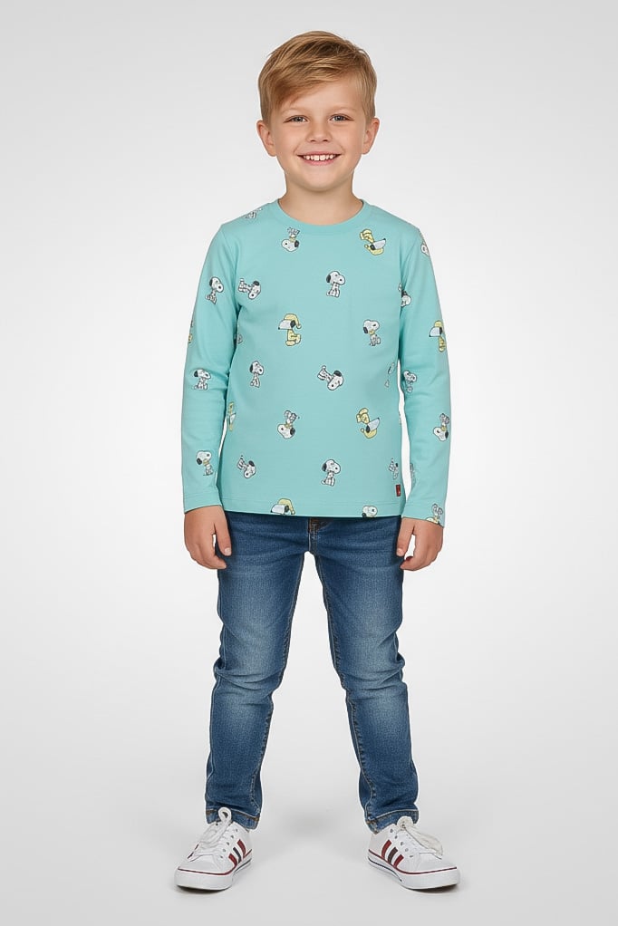 Hamleys x Peanuts Toddlers Boy Graphic Print Long Sleeve T-Shirt, Turquoise - Image 1
