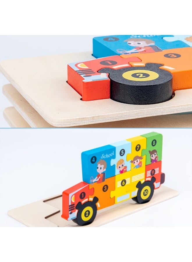 Capstro Wooden Number Puzzle Set for Kids – 4 Pack Vehicle Counting Puzzles (1–10) | Montessori Early Math Learning & Fine Motor Skill Toy for Preschool – Four Vehicle Designs - Image 2