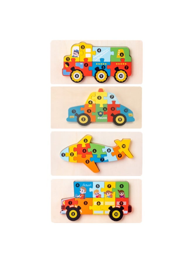 Capstro Wooden Number Puzzle Set for Kids – 4 Pack Vehicle Counting Puzzles (1–10) | Montessori Early Math Learning & Fine Motor Skill Toy for Preschool – Four Vehicle Designs - Image 1