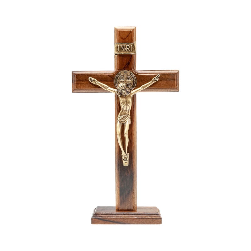 Intercession Wall and Table Wood Cross Crucifix (10 inches - Antique Gold) - Image 1
