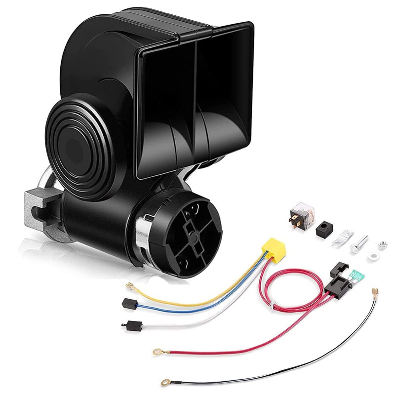 بوق قطار HK هواء بوق للشاحنة 12 فولت 150 ديسيبل بوق كهربائي على شكل حلزون مع ريلاي السيارات وحزمة الأسلاك لأي مركبات 12 فولت شاحنات دراجات نارية سوداء