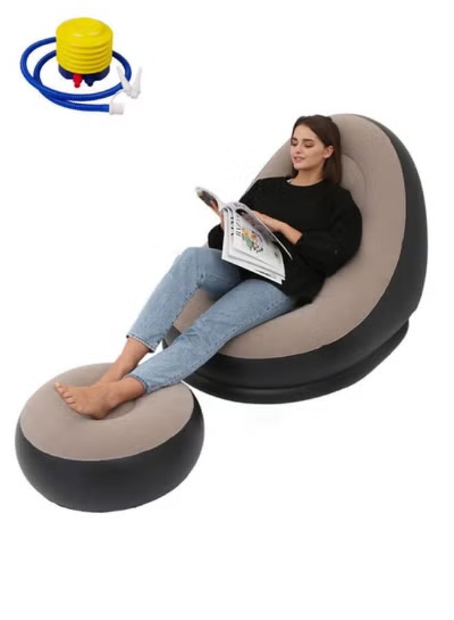 NKX 2 in 1 Leisure Inflatable Sofa Set, Folding Portable Inflatable Lazy Flocked Recliner with Footrest, Perfect for Pop Up Indoor and Outdoor Balcony, Backyard, Camping, Picnic