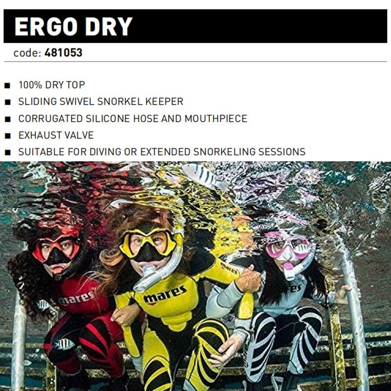 Mares Unisex Adults Ergo Dry Snorkel - Durable Lightweight Scuba Diving & Snorkeling Gear with Dry Top & Ergonomic Mouthpiece, Black/Yellow - Image 2