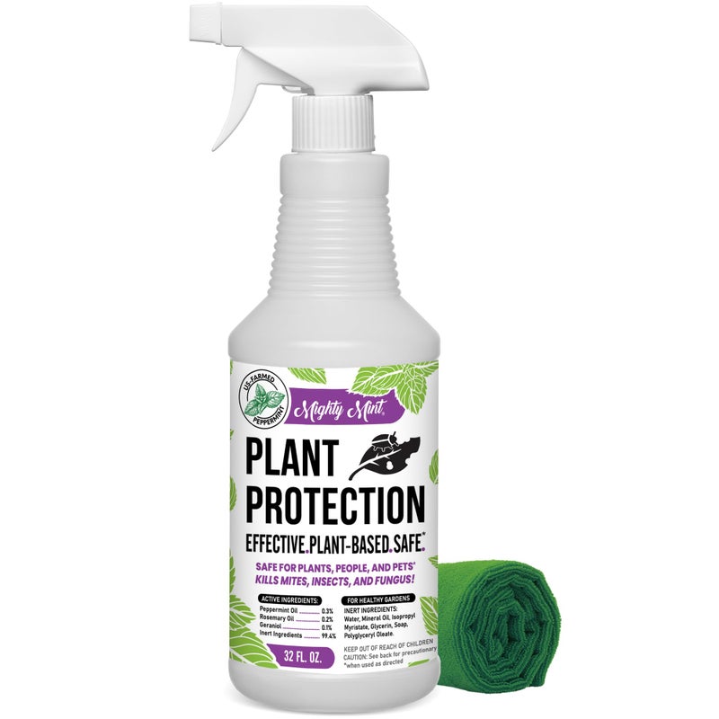 Mighty Mint 32 oz Peppermint Plant Protection Spray - for Spider Mites, Insects, Gnats, Fungus, and Disease with Microfiber Cloth - Image 1
